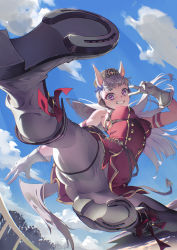 Rule 34 | 1girl, :d, animal ears, bare shoulders, blue sky, blunt bangs, boots, bow, breasts, cloud, foreshortening, full body, gloves, gold ship (umamusume), grin, hair bow, high heel boots, high heels, high kick, highres, horse ears, horse girl, horse tail, horseshoe, kicking, large breasts, leggings, long hair, looking at viewer, open mouth, otokoe, outdoors, pillbox hat, purple bow, purple eyes, purple hair, red shirt, shirt, shoe soles, sky, sleeveless, sleeveless shirt, smile, solo, tail, teeth, umamusume, v, white footwear, white gloves, white leggings