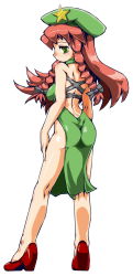 Rule 34 | 1girl, ass, braid, breasts, embodiment of scarlet devil, female focus, full body, green eyes, hat, hong meiling, long hair, red hair, simple background, solo, sukiyo, touhou, twin braids, white background