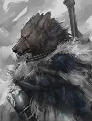 Rule 34 | 1boy, absurdres, animal head, armor, blaidd the half-wolf, breastplate, cloak, closed mouth, elden ring, from side, frown, fur cloak, furry, furry male, highres, male focus, neumo, profile, solo, sword, upper body, weapon, weapon on back
