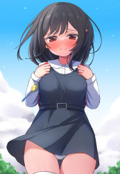 Rule 34 | 1girl, backpack, bag, black dress, black hair, blue sky, blush, breasts, closed mouth, cloud, collared shirt, commentary request, crime prevention buzzer, day, dress, dress shirt, granblue fantasy, hekomii, highres, long sleeves, looking at viewer, medium breasts, nose blush, outdoors, panties, randoseru, red eyes, school uniform, shirt, sky, sleeveless, sleeveless dress, smile, solo, tears, thighhighs, underwear, vikala (granblue fantasy), white panties, white shirt, white thighhighs