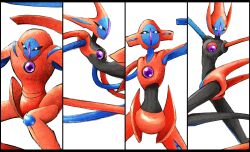 Rule 34 | alternate form, artist request, creatures (company), deoxys, deoxys (attack), deoxys (defense), deoxys (normal), deoxys (speed), expressionless, game freak, gen 3 pokemon, highres, looking at viewer, looking to the side, mythical pokemon, nintendo, no humans, pokemon, pokemon (creature), simple background, tentacles, white background