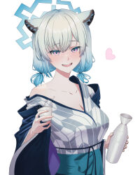 Rule 34 | 1girl, absurdres, alcohol, animal ears, blue archive, blue halo, blush, bottle, breasts, cleavage, commentary request, drunk, halo, hanir, heart, highres, holding, holding bottle, japanese clothes, kimono, looking at viewer, medium breasts, off shoulder, official alternate costume, shigure (blue archive), shigure (hot spring) (blue archive), simple background, solo, white background