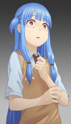 Rule 34 | 1girl, bare arms, blue hair, blunt bangs, collared shirt, empty eyes, gradient background, highres, kotonoha aoi, kurione (zassou), long hair, necktie, one side up, open mouth, red eyes, red necktie, shirt, sidelocks, solo, sweater vest, tears, very long hair, voiceroid, white shirt