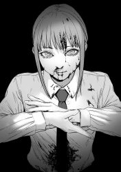 Rule 34 | 1girl, absurdres, blood, blood on clothes, blood on face, chainsaw man, closed mouth, collared shirt, greyscale, highres, looking at viewer, makima (chainsaw man), monochrome, necktie, ringed eyes, shirt, short hair with long locks, simple background, solo, turiganesou800