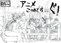 Rule 34 | 1girl, 6+boys, ^ ^, absurdres, all might, alternate costume, arm around shoulder, armchair, arms at sides, backpack, bag, bald, bare arms, bare shoulders, black whip (boku no hero academia), blush, boku no hero academia, bright pupils, casual, chair, closed eyes, clothing request, collarbone, commentary request, couch, covered mouth, cracked skin, crosshatching, cup, door, drawstring, drink, elbow on knee, en (boku no hero academia), facial hair, feet on chair, fingernails, folded hair, food, freckles, goggles, goggles on head, graphite (medium), greyscale, hair between eyes, hair bun, hair over one eye, half updo, hand on own chest, hands up, hanging light, happy, hatching (texture), highres, holding, holding own arm, holding tray, hugging own legs, indoors, knees to chest, knees up, koba ayu038, lariat (boku no hero academia), leaning forward, living room, long hair, long sleeves, looking at another, looking to the side, medium hair, midoriya izuku, mole, mole under mouth, monochrome, multiple boys, no eyebrows, on couch, open mouth, pants, parted bangs, plank, ponytail, profile, railing, shigaraki yoichi, shimura nana, shinomori hikage, shirt, short eyebrows, short hair, short sleeves, sidelocks, sign, single vertical stripe, sleeveless, sleeves past elbows, socks, spiked hair, split mouth, spoilers, stack, standing, straight hair, stubble, suspenders, sweatdrop, t-shirt, table, tank top, teeth, tendril, text focus, traditional media, tray, unzipped, upper teeth only, v-shaped eyebrows, yagi toshinori