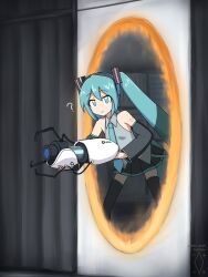 Rule 34 | 1girl, ?, absurdres, aperture science handheld portal device, aqua eyes, aqua hair, aqua necktie, black skirt, black sleeves, black thighhighs, closed mouth, collared shirt, commentary, detached sleeves, digiral, english commentary, expressionless, grey shirt, hair between eyes, hair ornament, hatsune miku, headphones, highres, holding, leaning forward, long hair, long sleeves, looking at viewer, miniskirt, necktie, number tattoo, pleated skirt, portal (object), portal (series), rabbit hole (vocaloid), shirt, shoulder tattoo, sidelocks, skirt, sleeveless, sleeveless shirt, solo, standing, tattoo, thighhighs, twintails, very long hair, vocaloid, zettai ryouiki