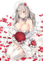 Rule 34 | 1girl, bouquet, braid, breasts, bridal gauntlets, bridal veil, bride, cleavage, dress, elbow gloves, flower, g36c (girls&#039; frontline), g36c (you who steps up) (girls&#039; frontline), garter straps, girls&#039; frontline, gloves, hair over one eye, highres, holding, holding bouquet, large breasts, long hair, looking at viewer, official alternate costume, petals, red eyes, red flower, red rose, rose, rose petals, seiza, shirosaba, single braid, sitting, smile, solo, strapless, strapless dress, thighhighs, veil, wedding dress, white dress, white gloves, white hair, white thighhighs