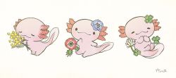 Rule 34 | :&lt;, axolotl, ayu (mog), closed mouth, clover, clover hair ornament, flower, four-leaf clover, four-leaf clover hair ornament, hair ornament, heart, looking at viewer, mimosa (flower), no humans, original, red flower, signature, simple background, smile, symbol-only commentary, white background, white flower, yellow flower
