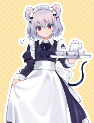 Rule 34 | &gt;:), 1girl, akagashi hagane, alternate costume, animal ears, apron, black dress, bow, bowtie, collar, commentary, cowboy shot, dress, enmaided, grey hair, hair between eyes, holding, holding clothes, holding dress, holding tray, jewelry, long dress, long sleeves, maid, maid headdress, mouse ears, mouse girl, mouse tail, nazrin, pendant, polka dot, polka dot background, puffy sleeves, red eyes, short hair, smile, solo, standing, tail, tea set, teapot, touhou, tray, white collar, wing collar, yellow background
