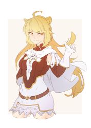 Rule 34 | 1girl, 3four, ahoge, animal ears, belt, blonde hair, breasts, capelet, closed mouth, commission, contrapposto, copyright request, cropped legs, dress, gloves, hand on own hip, hand up, long hair, looking at viewer, medium breasts, short dress, simple background, slit pupils, smile, solo, standing, white background, white capelet, white gloves, yellow eyes