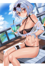 Rule 34 | 1girl, absurdres, azur lane, bad id, bad twitter id, bikini, black bikini, blush, breasts, bubble tea, closed mouth, cloud, collarbone, cup, disposable cup, drinking straw, eyewear on head, hair between eyes, heart, heart-shaped eyewear, highres, holding, holding cup, iced tea, large breasts, looking at viewer, navel, o-ring, o-ring top, outdoors, red eyes, scrunchie, see-through, shocho, short hair, short twintails, silver hair, sirius (azur lane), sirius (scorching-hot seirios) (azur lane), sitting, sky, solo, sunglasses, swimsuit, thigh strap, twintails, white scrunchie, wrist scrunchie