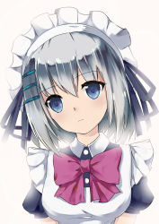 Rule 34 | 1girl, absurdres, apron, blue dress, blue eyes, blue ribbon, blush, bowtie, breasts, collared dress, date a live, dress, expressionless, hair ornament, hair ribbon, hairclip, highres, looking at viewer, maid, maid apron, maid headdress, medium breasts, medium hair, pink bow, pink bowtie, ribbon, silver hair, simple background, skying, solo, tobiichi origami, upper body, white apron, white background
