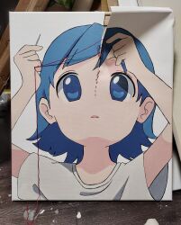 Rule 34 | 1girl, absurdres, arms up, blue eyes, blue hair, damaged, fourth wall, highres, holding sewing needle, momoe (mme daigaku), original, painting (medium), parted lips, portrait, shirt, short hair, solo, stitched face, stitches, stitching, t-shirt, thread, traditional media, white background, white shirt