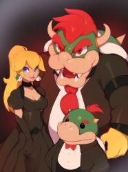 Rule 34 | 1girl, 2boys, absurdres, black choker, black dress, black gloves, blonde hair, blue eyes, bow, bowser, bowser jr., bowtie, breasts, choker, combos &amp; doodles, commentary, dress, earrings, elbow gloves, fangs, father and son, formal, gloves, highres, horns, jewelry, long hair, looking at viewer, mario (series), multiple boys, necktie, nintendo, ponytail, princess peach, puffy short sleeves, puffy sleeves, red eyes, red hair, red neckwear, shirt, short hair, short sleeves, simple background, spiked shell, suit, turtle shell, white shirt