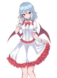 Rule 34 | 1girl, bat wings, blue hair, bow, breasts, center frills, choker, commentary, dress, feet out of frame, frilled choker, frilled dress, frilled shirt collar, frills, hair between eyes, hand up, head tilt, junior27016, looking at viewer, medium breasts, no headwear, pointy ears, puffy short sleeves, puffy sleeves, red bow, red choker, red eyes, remilia scarlet, short hair, short sleeves, simple background, skirt hold, smile, solo, standing, touhou, white background, white dress, wings, wrist cuffs
