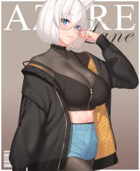Rule 34 | 1girl, animal ears, azur lane, bespectacled, black jacket, blue eyes, breasts, cleavage, collarbone, fox ears, franham, glasses, high-waist shorts, highres, jacket, jewelry, kaga (azur lane), large breasts, long sleeves, looking at viewer, midriff, nail polish, no tail, pantyhose, red nails, ring, short hair, short shorts, shorts, smile, solo, white hair