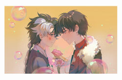 Rule 34 | 2boys, bingzhen yugao, black hair, blush, border, braid, bubble, character request, flower, highres, holding, holding flower, long hair, male focus, multicolored hair, multiple boys, painted blush, pink flower, short hair, stinky perch (the tale of food), the tale of food, white border, white hair, yellow background, yellow flower