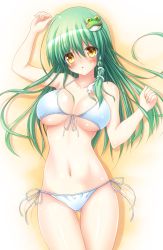 Rule 34 | 1girl, bikini, blush, breasts, breasts apart, commentary request, eyes visible through hair, frog hair ornament, gluteal fold, green hair, hair between eyes, hair ornament, highres, kochiya sanae, large breasts, long hair, looking at viewer, navel, open mouth, osashin (osada), side-tie bikini bottom, simple background, snake hair ornament, solo, stomach, swimsuit, thigh gap, thighs, touhou, white bikini, yellow eyes