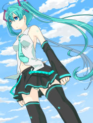 Rule 34 | 1girl, aqua hair, bad id, bad pixiv id, blue eyes, cloud, day, detached sleeves, hatsune miku, highres, long hair, necktie, panties, pantyshot, skirt, sky, solo, striped clothes, striped panties, thighhighs, twintails, underwear, upskirt, usalxlusa, very long hair, vocaloid