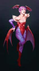 Rule 34 | 1girl, abs, animal print, bare shoulders, bat print, bat wings, capcom, demon girl, elbow gloves, flat chest, gloves, head wings, highres, leotard, lilith aensland, lips, omupied, open mouth, pantyhose, print pantyhose, purple hair, realistic, red eyes, short hair, solo, vampire (game), wings