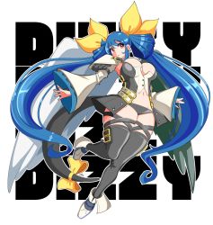Rule 34 | 1girl, armor, asymmetrical wings, black panties, black thighhighs, blue hair, breasts, character name, dizzy (guilty gear), feathered wings, full body, guilty gear, guilty gear xrd, hair ribbon, hair rings, highres, large breasts, long hair, navel, panties, pauldrons, red eyes, revealing clothes, ribbon, shoulder armor, solo, tail, tail ornament, tail ribbon, theycallhimcake, thick thighs, thigh strap, thighhighs, thighs, twintails, two side up, underwear, very long hair, wide sleeves, wings, yellow ribbon