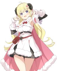 Rule 34 | 1girl, ahoge, armpits, arms up, bag, bare legs, blonde hair, blush, breasts, brooch, cape, commentary, cowboy shot, detached sleeves, dress, fur-trimmed cape, fur-trimmed dress, fur collar, fur trim, hair ornament, hairclip, handbag, highres, hololive, horns, jewelry, kanzaki hiro, long hair, looking at viewer, medium breasts, neck ribbon, open mouth, pink cape, purple eyes, red ribbon, ribbed sleeves, ribbon, sheep horns, simple background, smile, solo, thighs, tsunomaki watame, tsunomaki watame (1st costume), virtual youtuber, white background, white dress