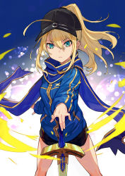 Rule 34 | &gt;:(, 10s, 1girl, absurdres, artoria pendragon (fate), baseball cap, black hat, black shorts, blonde hair, blue eyes, blue jacket, blue scarf, closed mouth, commentary request, fate/extella, fate/extra, fate/grand order, fate (series), fingernails, hair between eyes, hair through headwear, hand on hilt, hat, high ponytail, highres, himitsucalibur (fate), jacket, long sleeves, mysterious heroine x (fate), outstretched arm, ponytail, scarf, short shorts, shorts, sleeves past wrists, solo, standing, sword, track jacket, v-shaped eyebrows, weapon, yuu (higashi no penguin)