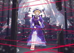 Rule 34 | 1girl, alternate costume, barefoot, blonde hair, bow, chair, curtains, dress, feet, frilled dress, frills, full body, hat, indoors, long dress, long sleeves, looking at viewer, maribel hearn, mob cap, nail polish, purple dress, red nails, short hair, sitting, solo, toenail polish, toenails, toes, touhou, wide sleeves, window, wrist cuffs, yellow eyes, zounose