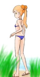 Rule 34 | 1girl, ass, bikini, blonde hair, blue bikini, breasts, glasses, hair ribbon, long hair, outdoors, perrine h. clostermann, ponytail, ribbon, shiri chin, simple background, small breasts, solo, strike witches, swimsuit, world witches series, yellow eyes