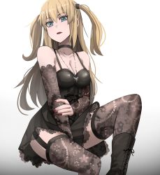 Rule 34 | 1girl, amane misa, black dress, blonde hair, blue eyes, boots, choker, closed mouth, death note, detached sleeves, dress, garter straps, gloves, goth fashion, highres, jewelry, jourd4n, lace, lace-trimmed gloves, lace-trimmed skirt, lace-trimmed sleeves, lace trim, lipstick, long hair, looking at viewer, makeup, necklace, sitting, skirt, solo, thighhighs, thighhighs under boots, two side up