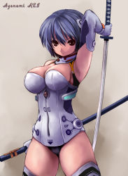 Rule 34 | 1girl, arm up, armpits, ayanami rei, blue hair, bob cut, breasts, cleavage, curvy, elbow gloves, gloves, hair ornament, large breasts, md5 mismatch, neon genesis evangelion, plugsuit, red eyes, sheath, short hair, solo, standing, sword, thighhighs, thighs, togusa masamu, weapon, zettai ryouiki