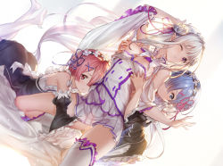 Rule 34 | 3girls, 77gl, arm up, bare shoulders, black dress, blue eyes, blue hair, grabbing another&#039;s breast, breasts, cleavage, detached collar, detached sleeves, dress, dutch angle, elf, emilia (re:zero), female focus, flower, flower knot, frilled dress, frills, frown, girl sandwich, grabbing, grabbing from behind, hair flower, hair ornament, hair over one eye, headdress, hugging own legs, kneeling, large breasts, legs up, long hair, looking at viewer, lying, maid, matching hair/eyes, miniskirt, multiple girls, no shoes, on stomach, one eye closed, pink hair, pleated skirt, pointy ears, purple eyes, ram (re:zero), re:zero kara hajimeru isekai seikatsu, red eyes, rem (re:zero), sandwiched, shirt, sidelocks, silver hair, skirt, thighhighs, very long hair, white background, white legwear, white shirt, white skirt, wide sleeves, x hair ornament, zettai ryouiki