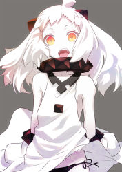 Rule 34 | 10s, 1girl, abyssal ship, bare shoulders, black panties, colored skin, cowboy shot, dress, flat chest, grey background, horns, kantai collection, long hair, looking at viewer, mittens, nilitsu, northern ocean princess, open mouth, orange eyes, panties, side-tie panties, sleeveless, sleeveless dress, solo, tongue, tongue out, underwear, white hair, white skin