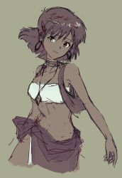 1girl bandeau cropped_vest dark-skinned_female dark_skin earrings fushigi_no_umi_no_nadia grey_background highres jewelry kouka_(mrakano5456) loincloth looking_at_viewer midriff nadia_la_arwall short_hair solo vest white_bandeau