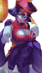 Rule 34 | 1girl, blue skin, breasts, cleavage cutout, clothing cutout, colored skin, hat, highres, huge breasts, lei lei, pants, purple hair, red eyes, sato one1, short hair, sitting, sleeveless, tongue, tongue out, vampire (game)
