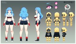 Rule 34 | 1boy, 1girl, absurdres, android, black footwear, black hoodie, blue hair, breasts, c.g (jaee), character sheet, clothed robot, commentary, cropped hoodie, english commentary, fingerless gloves, gloves, highres, hood, hoodie, humanoid robot, ledy, long hair, medium breasts, midriff, multiple views, navel, open hands, original, pink eyes, red gloves, robot, science fiction, second-party source, shoes, sneakers, watchy (jaee), white hoodie