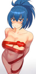 Rule 34 | 1girl, @ @, abs, blue eyes, blue hair, blush, breasts, embarrassed, happy valentine, heart, highres, large breasts, leona heidern, naked ribbon, navel, nude, ponytail, red ribbon, ribbon, solo, sweat, sweatdrop, the king of fighters, toned, valentine, yukimune