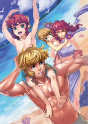 Rule 34 | abs, aquila marin, beach, bird, blonde hair, blue eyes, blue sky, breasts, carrying, clam shell, cleavage, cloud, day, dress, dutch angle, family, flower, green eyes, grey male swimwear, grey swim trunks, if they mated, leo aiolia, male swimwear, midriff, muscular, ocean, open mouth, outdoors, piggyback, red dress, red hair, saint seiya, scarf, seagull, shoulder carry, skirt, sky, smile, strapless, strapless dress, swim trunks, swimsuit, tongue, tongue out, topless male, tube top, yukiusagi1983
