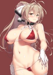 Rule 34 | 1girl, amagi brilliant park, antenna hair, bare shoulders, bikini, blush, breasts, brown eyes, brown hair, cameltoe, cleavage, cleft of venus, covered erect nipples, cowboy shot, curvy, frown, fuya (tempupupu), gloves, groin, hair intakes, halterneck, large breasts, lips, long hair, looking at viewer, navel, ponytail, red background, red bikini, ribbon, sento isuzu, side-tie bikini bottom, simple background, skindentation, solo, string bikini, sweatdrop, swimsuit, thighhighs, underboob, undressing, white gloves, white thighhighs, wide hips