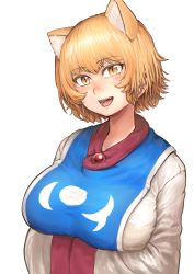 Rule 34 | 1girl, :d, absurdres, animal ears, blonde hair, breast rest, breasts, chanta (ayatakaoisii), fox ears, hands in opposite sleeves, head tilt, highres, large breasts, long sleeves, looking at viewer, medium hair, open mouth, shirt, simple background, slit pupils, smile, solo, tabard, touhou, upper body, white background, white shirt, yakumo ran, yellow eyes