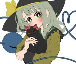 Rule 34 | 1girl, aliz wp514lov, animal, black cat, black headwear, blush, bow, cat, closed mouth, collar, eyelashes, frilled shirt collar, frilled sleeves, frills, green collar, green eyes, green hair, hat, hat bow, heart, heart of string, holding, holding animal, holding cat, kaenbyou rin, kaenbyou rin (cat), komeiji koishi, long sleeves, looking at viewer, medium hair, red bow, red eyes, simple background, smile, third eye, touhou, white background, yellow bow