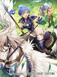 Rule 34 | 1girl, 2boys, arm guards, armor, bare shoulders, blue eyes, blue hair, breastplate, cape, commentary request, company connection, copyright name, crossed arms, day, dieck (fire emblem), fire emblem, fire emblem: the binding blade, fire emblem cipher, grass, green hair, headband, holding, holding weapon, multiple boys, muscular, nagahama megumi, nintendo, official art, open mouth, outdoors, pants, pegasus, pegasus knight uniform (fire emblem), polearm, red hair, roy (fire emblem), scar, shanna (fire emblem), short hair, short sleeves, shoulder armor, skirt, smile, spear, thighhighs, weapon, white skirt, zettai ryouiki