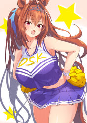 Rule 34 | 1girl, :o, alternate costume, animal ears, blush, breasts, brown hair, cheerleader, commentary request, cowboy shot, daiwa scarlet (umamusume), fang, hair intakes, hands on own hips, hflfhvlwvp, highres, horse ears, horse girl, horse tail, large breasts, long hair, looking at viewer, pink background, pleated skirt, pom pom (cheerleading), red eyes, skin fang, skirt, solo, star (symbol), stomach, tail, tiara, umamusume, very long hair, wristband