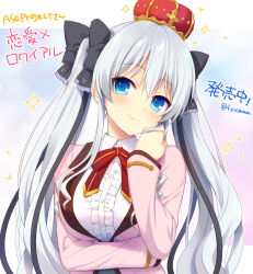 Rule 34 | 1girl, arm under breasts, black bow, black ribbon, blue eyes, blush, bow, breast hold, breasts, center frills, closed mouth, commentary request, countdown illustration, crown, eyelashes, eyes visible through hair, frills, fuyuichi monme, grey hair, hair between eyes, hair bow, hair over breasts, hand up, harizome shione, head tilt, horse racing track, jacket, large breasts, long hair, long sleeves, looking at viewer, mini crown, official art, open clothes, open jacket, pink jacket, playing with own hair, red ribbon, ren&#039;ai x royale, ribbon, school uniform, shirt, sidelocks, simple background, smile, solo, sparkle, straight-on, translation request, twitter username, upper body, very long hair, white shirt