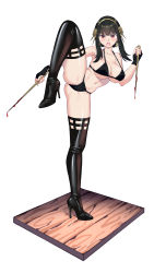 Rule 34 | 1girl, absurdres, ass, bare shoulders, bikini, black bikini, black footwear, black hair, black legwear, blood, bloody weapon, board, boots, breasts, choker, cleavage, collarbone, dagger, dripping, earrings, fingerless gloves, full body, gloves, gold hairband, hairband, high heels, highres, holding, holding weapon, jewelry, knee up, knife, large breasts, long hair, looking at viewer, midriff, nail polish, navel, open mouth, red eyes, red nails, shiny skin, sidelocks, signature, simple background, solo, split, spy x family, standing, standing on one leg, stiletto (weapon), stomach, swimsuit, thigh boots, thighs, weapon, white background, xiaoxi0619, yor briar