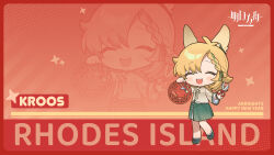 Rule 34 | 1girl, :d, ^ ^, animal ears, arknights, artist request, blonde hair, blush stickers, braid, braided bangs, brown shirt, character name, chibi, closed eyes, copyright name, facing viewer, green footwear, green ribbon, green skirt, hair ribbon, highres, holding, holding scissors, kroos (arknights), long sleeves, open mouth, rabbit ears, ribbon, scissors, shirt, shoes, skirt, smile, socks, solo, standing, standing on one leg, teeth, upper teeth only, white socks, wide sleeves, zoom layer