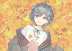 Rule 34 | 1girl, ahoge, androgynous, autumn, autumn leaves, book, coat, commentary request, frilled shirt collar, frills, green eyes, green hair, grey coat, hair between eyes, hair ornament, holding, holding book, kuroyuki, leaf, leaf background, looking at viewer, lying, maple leaf, messy hair, neck ribbon, off-shoulder jacket, off shoulder, on back, original, parted lips, ribbon, shirt, short hair, sleeves past wrists, smile, solo, striped, teeth, upper body, upper teeth only, white shirt