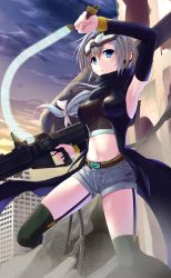 Rule 34 | 1girl, armpits, black scarf, black sleeves, black thighhighs, blue eyes, breasts, cloud, crop top, day, detached sleeves, garter straps, goggles, goggles on head, grey shorts, gun, hair between eyes, holding, holding gun, holding weapon, k3rd, long sleeves, medium breasts, midriff, navel, original, outdoors, rifle, scarf, short hair, short shorts, shorts, silver hair, solo, stomach, thighhighs, weapon