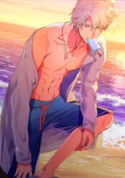 Rule 34 | 1boy, abs, beach, blue swim trunks, clothes pull, collarbone, dog tags, dusk, food, food in mouth, grey eyes, hand on own leg, highres, idolish7, leaning forward, light frown, looking at viewer, male focus, male swimwear, nipples, parted bangs, parted lips, pectorals, popsicle, popsicle in mouth, raised eyebrow, rinunu, shirt, shirt pull, short hair, single bare shoulder, sky, solo, standing, standing on one leg, sunlight, teeth, upper body, waves, white hair, white shirt, yaotome gaku