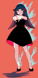 Rule 34 | 1girl, aura, bandaged hand, bandaged leg, bandages, bandaid, bandaid on arm, bandaid on face, bandaid on knee, bandaid on leg, black dress, black footwear, blue hair, bow, dress, flats, flipped hair, footwear bow, full body, ghost, gradient hair, hair ribbon, highres, long hair, multicolored hair, orange background, original, outstretched arms, pink bow, pink ribbon, purple hair, ribbon, shoes, short sleeves, sideways glance, simple background, solo, standing, sungwon, swept bangs